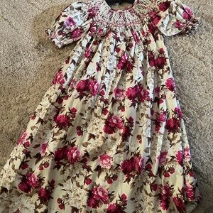 Girls Cream Floral Smocked Dress with Pink Flowers